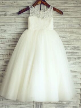 Lanting Bride White Lace Bodice Tulle Dress for Girls - Elegant Flower Girl